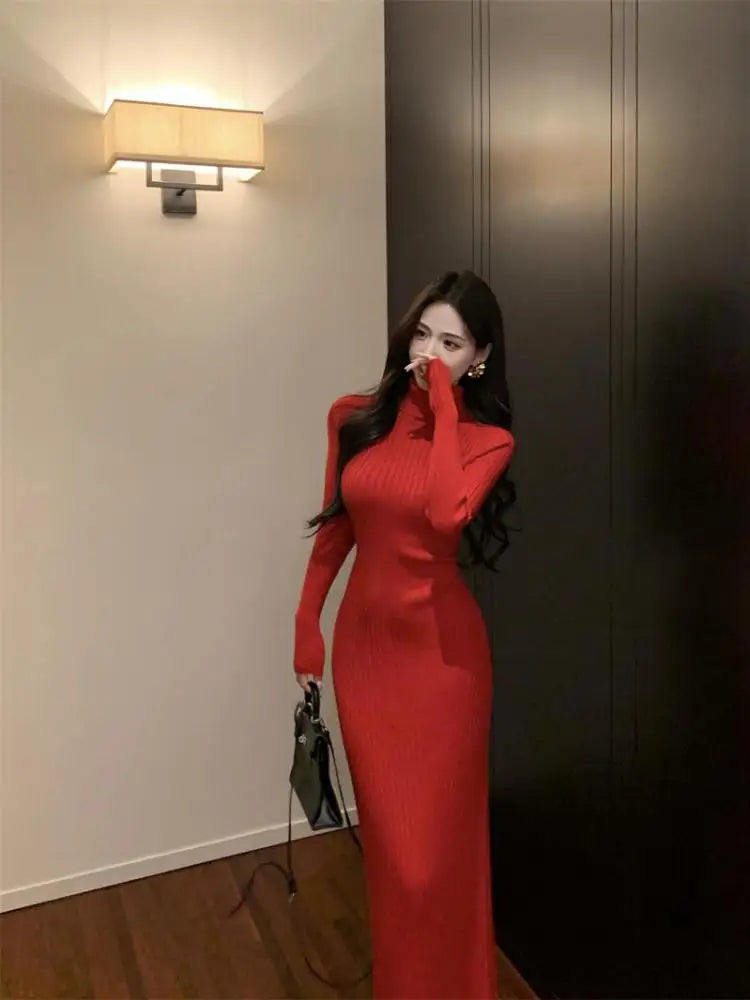 New Solid High Collar Long Sleeve Festival Knitted Dress Autumn Winter French Fashion Slim Long Sleeves Elegant Wrap Hip Dresses