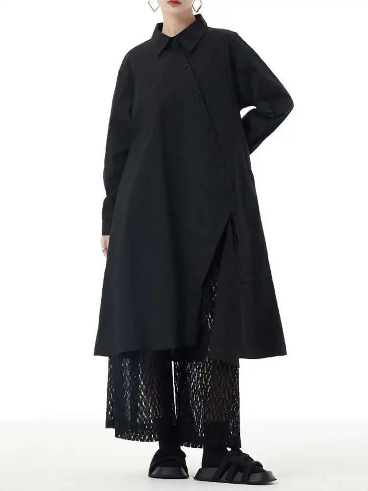 Women Purple Irregular Button Slit Big Size Shirt Dress New Lapel Long Sleeve Fashion Tide Spring Autumn 2025 1DH4827