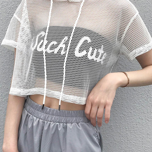 Load image into Gallery viewer, Womens Hollow Mesh Net Hooded T-Shirt Short Sleeve Tee Tops Transparent Black Swxy Clubwear Party
