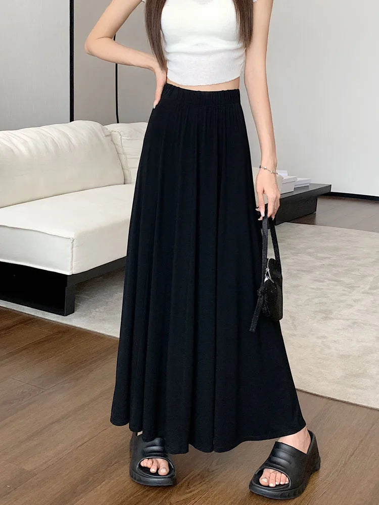 Korean Version Black Elegant Festival Pleated Half Skirts Gray Elastic High Waist A-line Long Skirt 2024 Summer Simplicity Trend