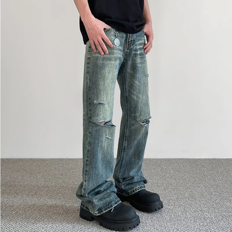 Summer Male Hole Jeans New American High Street Denim Pants Trendy Straight Micro Flared Trousers Make Old Design 9W1424