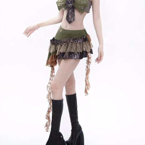 Load image into Gallery viewer, Hit Color Two Piece Set For Women Halter Sleeveless Top High Waist Temperament Mini Skirts Female Fashion Style New
