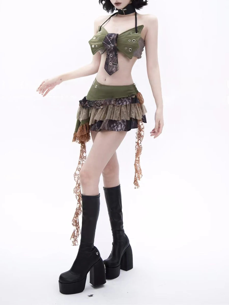 Hit Color Two Piece Set For Women Halter Sleeveless Top High Waist Temperament Mini Skirts Female Fashion Style New