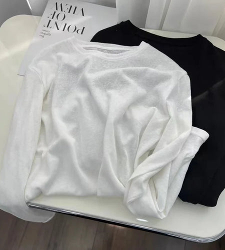 Korean Fashion Women's White Round Neck Versatile Cotton T Shirt Autumn Black Long Sleeves Vacation Pullovers Tops Casual Simple