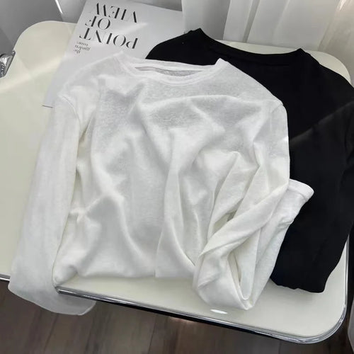 Load image into Gallery viewer, Korean Fashion Women's White Round Neck Versatile Cotton T Shirt Autumn Black Long Sleeves Vacation Pullovers Tops Casual Simple

