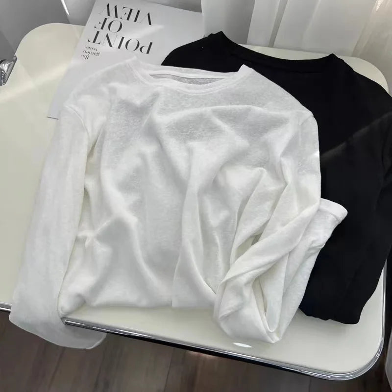 Korean Fashion Women's White Round Neck Versatile Cotton T Shirt Autumn Black Long Sleeves Vacation Pullovers Tops Casual Simple