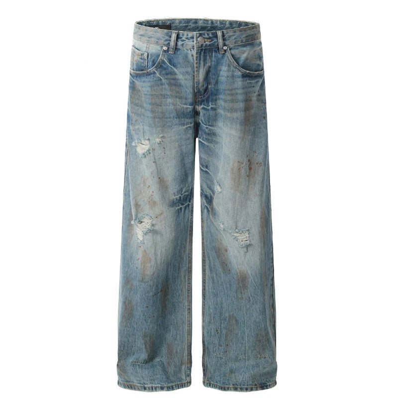 Men's Jeans New Summer Dirty Simple Straight Wide Leg Trendy Worn-out Pesonality Hole Male Loose Denim Pants 9W1862