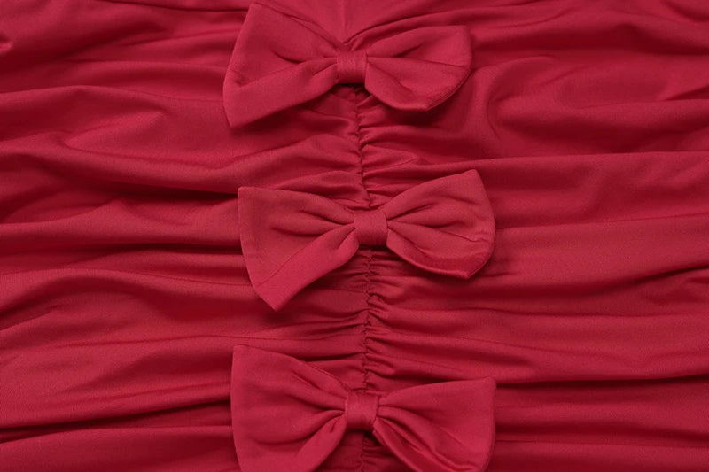 Four Bows Ruched Sexy Mini Dress For Women Fashion Solid O Neck Sleeveless Bodycon High Waist Club Dress Elegant