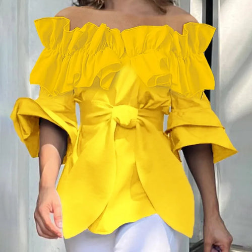 Load image into Gallery viewer, Women Original Cotton Blouses &amp; Shirts 2025 Summer Off-shoulder Yellow Tiered Ruffled Elegant Tops Split-Joint Women Cl
