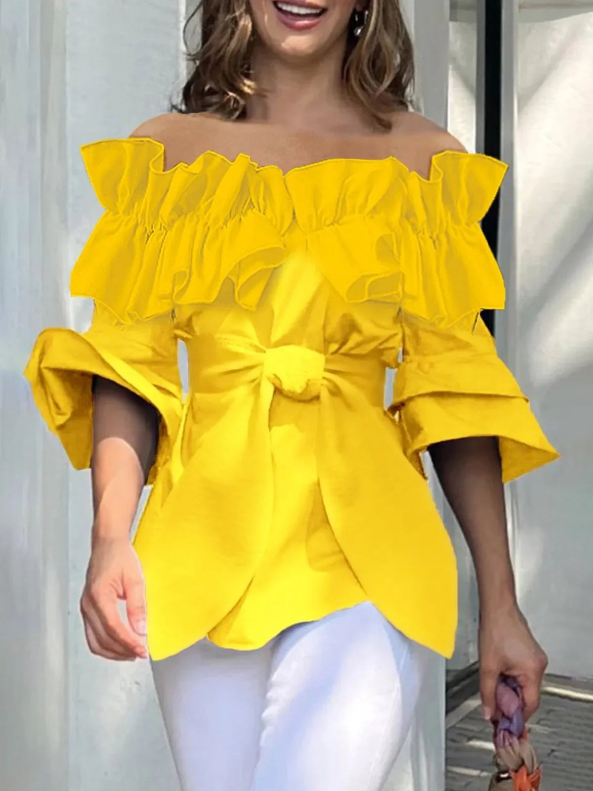 Women Original Cotton Blouses & Shirts 2025 Summer Off-shoulder Yellow Tiered Ruffled Elegant Tops Split-Joint Women Cl