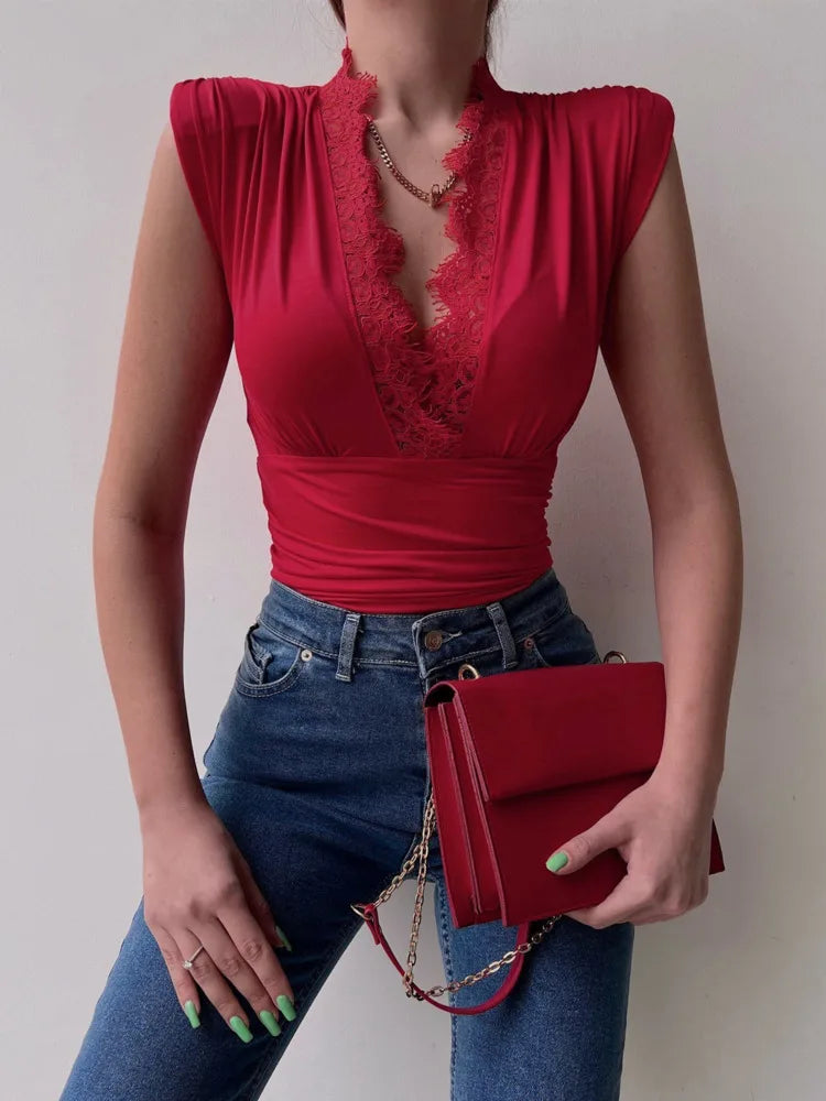 Spring/Summer Sleeveless Lace Edge Deep V Elastic Tight Bodysuit Women Slim Fit Female Bodypsuit Bodycon 2024 New