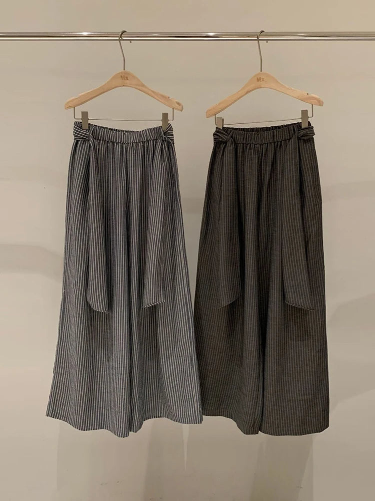 High Elastic Waist Gray Striped Bandage Casual Wide Leg Pants New Trousers Women Fashion Tide Spring Autumn 2025 1DJ1492