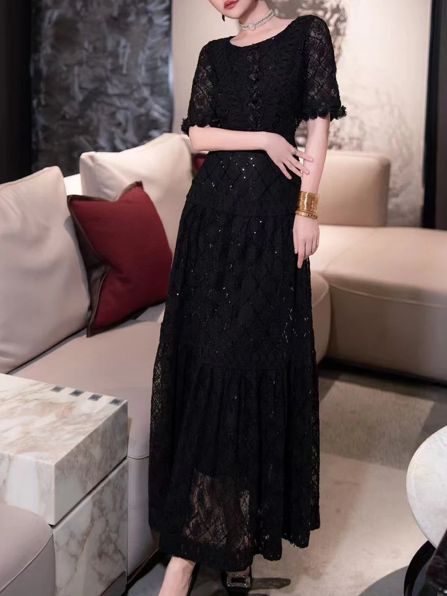 Solid Spliced Sequines Slimming Dresses For Women O Neck Long Sleeve High Waist Temperament Dress Female Fashion