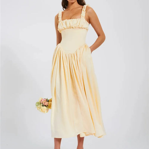 Load image into Gallery viewer, Elegant Satin Backless Midi Dress For Women High Quality Sundress Fashion Square Collar Sleeveless Loose Pleated Dress
