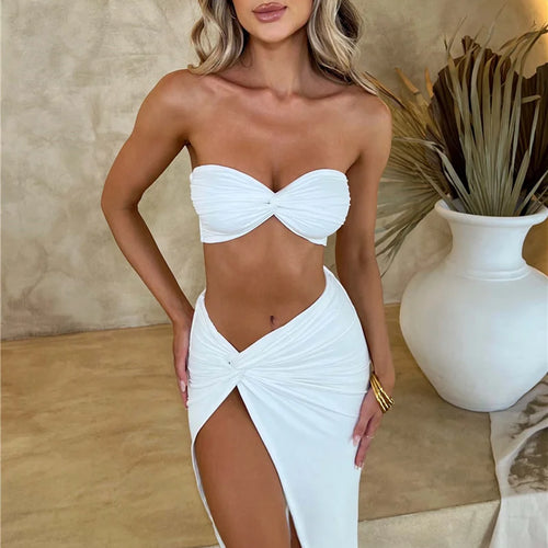 Load image into Gallery viewer, Elegant Strapless Sexy Two Piece Set Women Sleeveless Crop Top And High Split Skirt Matching Sets Party Dress Sets
