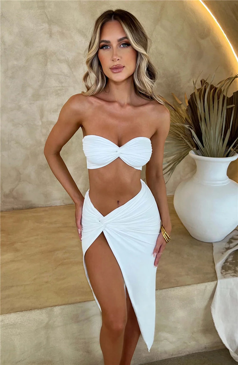 Elegant Strapless Sexy Two Piece Set Women Sleeveless Crop Top And High Split Skirt Matching Sets Party Dress Sets