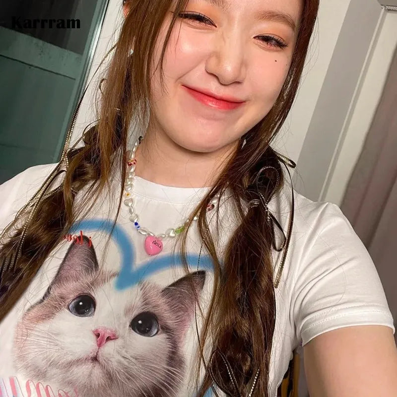 Y2k Aesthetics Crop Top Korean Fashion Kitten Print T-shirt Kpop Designer Clothes Kawaii Cat Short Sleeve Tshirt Sweet