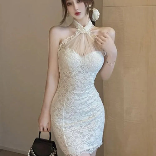 Load image into Gallery viewer, Sexy Lace Halter Dress Vintage Backless Bodycon Wrap Mini Short Dresses Elegant Evening Party Outfits Fashion
