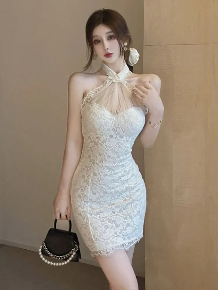 Sexy Lace Halter Dress Vintage Backless Bodycon Wrap Mini Short Dresses Elegant Evening Party Outfits Fashion