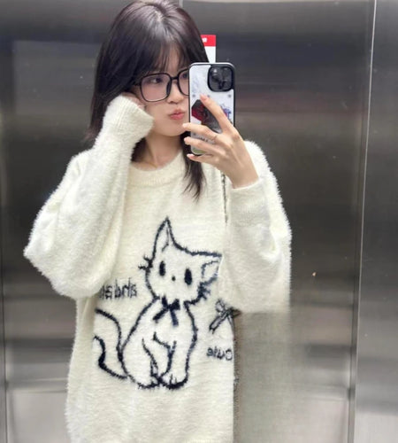 Japanese Oversize Fur Sweater Autumn Cartoon Cat Kawaii Cute Loose Women Pullover Y2k Aesthetic Hole Preppy Style Grunge Tops