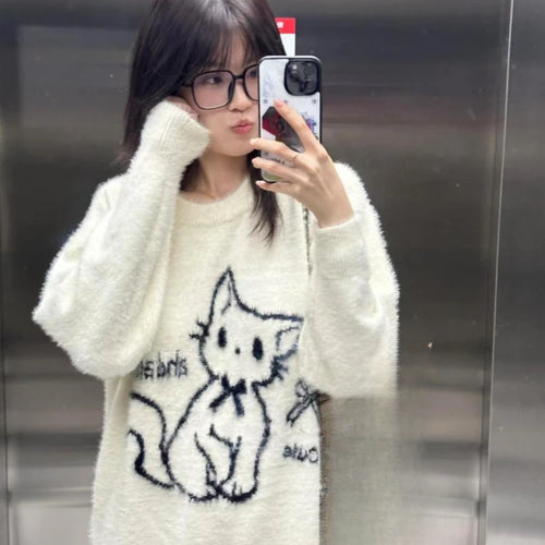 Load image into Gallery viewer, Japanese Oversize Fur Sweater Autumn Cartoon Cat Kawaii Cute Loose Women Pullover Y2k Aesthetic Hole Preppy Style Grunge Tops
