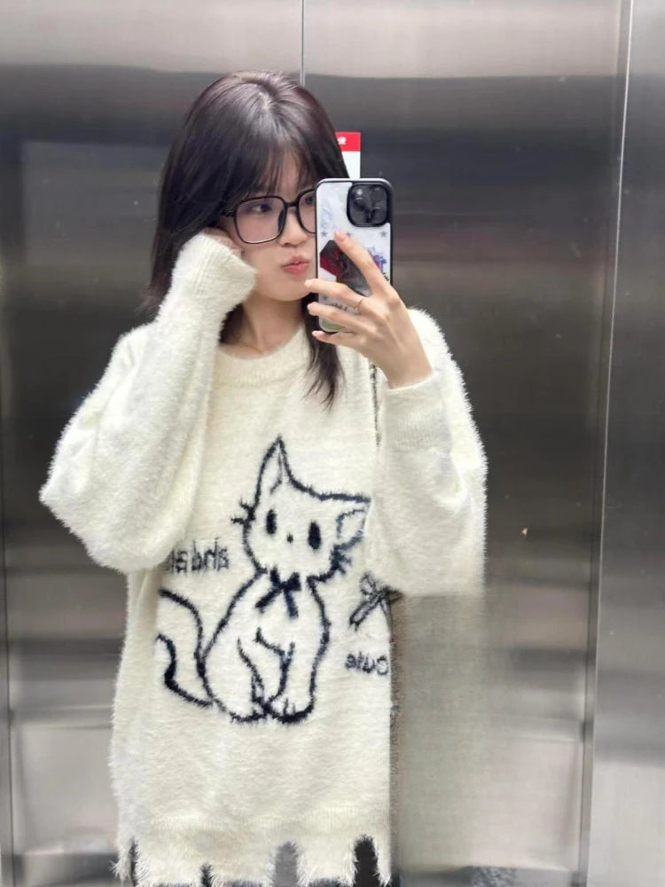 Japanese Oversize Fur Sweater Autumn Cartoon Cat Kawaii Cute Loose Women Pullover Y2k Aesthetic Hole Preppy Style Grunge Tops
