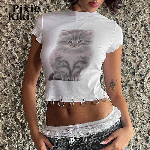 Load image into Gallery viewer, Animal Printed White Graphic Tees Street Wear Going Out Tops Y2k Fashion T Shirt Women 2024 Summer Clothing P85-BH13
