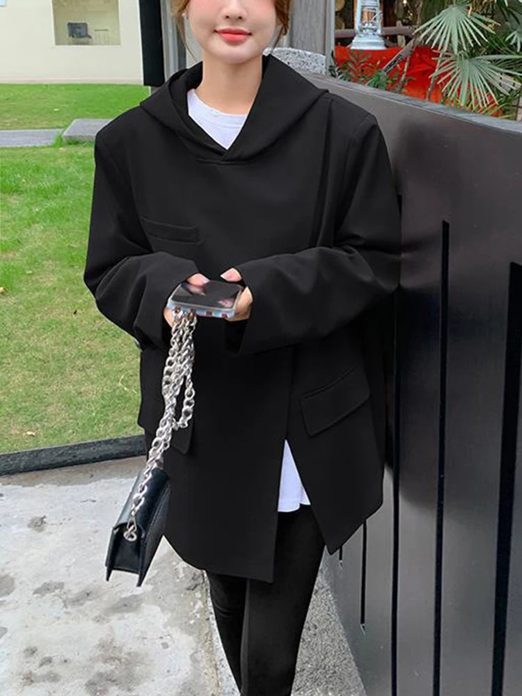 Women Slit Irregular Big Size Blazer New Hooded Long Sleeve Loose Fit Jacket Fashion Tide Spring Autumn 2025  1DH0482