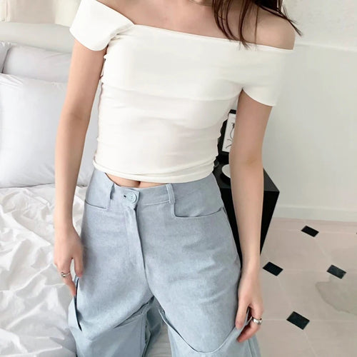 Load image into Gallery viewer, White Crop Top Women Sexy Clothes Solid Color Oblique Shoulder Short Sleeve T Shirt y2k Aesthetic Clothing Streetwear
