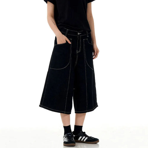 Load image into Gallery viewer, High Street American Style Cropped Jeans Summer Patchwork Handsome Straight Wide Leg Design Shorts Solid Color 9W1714
