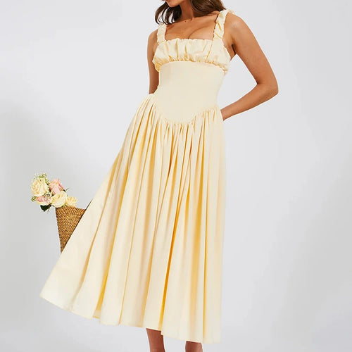 Load image into Gallery viewer, Elegant Satin Backless Midi Dress For Women High Quality Sundress Fashion Square Collar Sleeveless Loose Pleated Dress
