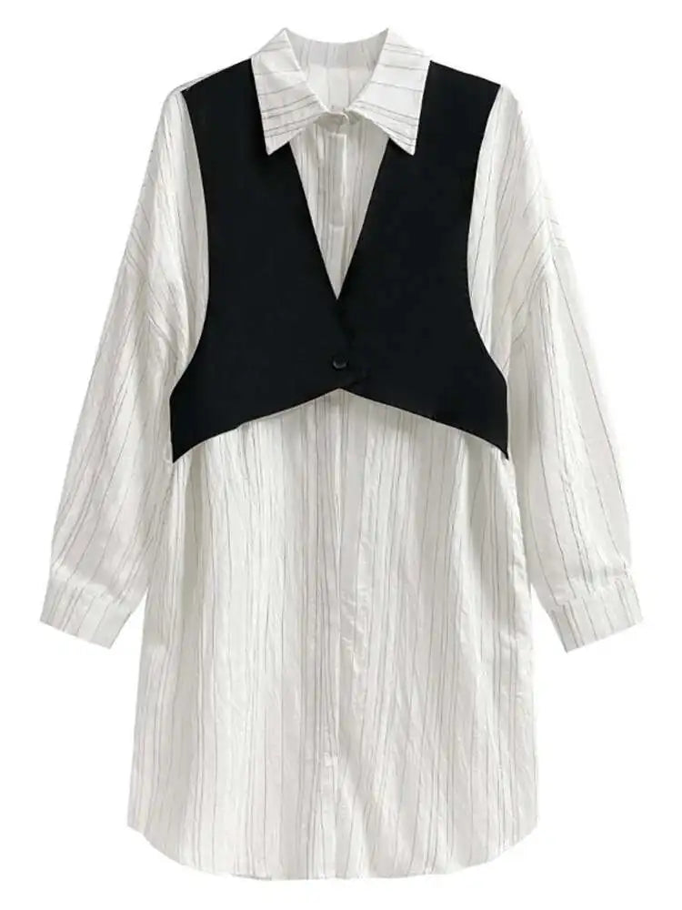 Women Black White Color-block Big Size Striped Shirt Dress New Lapel Long Sleeve Fashion Spring Autumn 2025 1DH4348