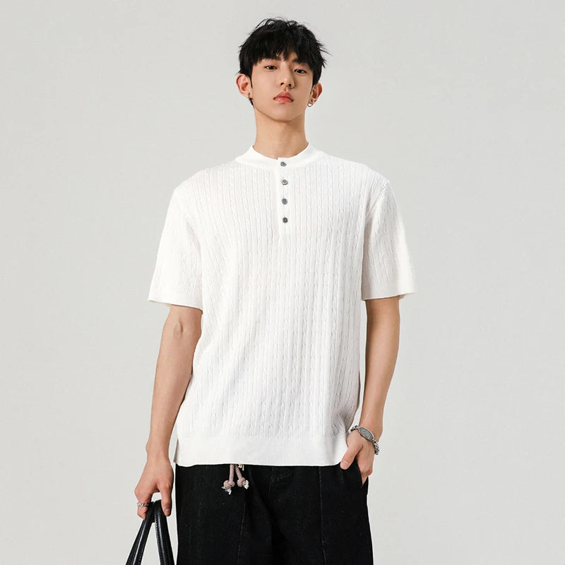 Men's T-shirts New Summer Fashion Male Multi Buttons Solid Color Round Neck Shourt Sleeves Trendy Clothing 2025 9W1385