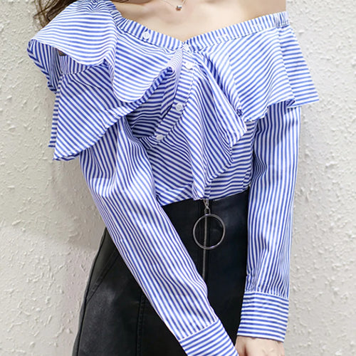 Load image into Gallery viewer, Striped Casual Shirt For Women V Neck Long Sleeve Patchwork Button Through Shirts Female Fashion Clothing
