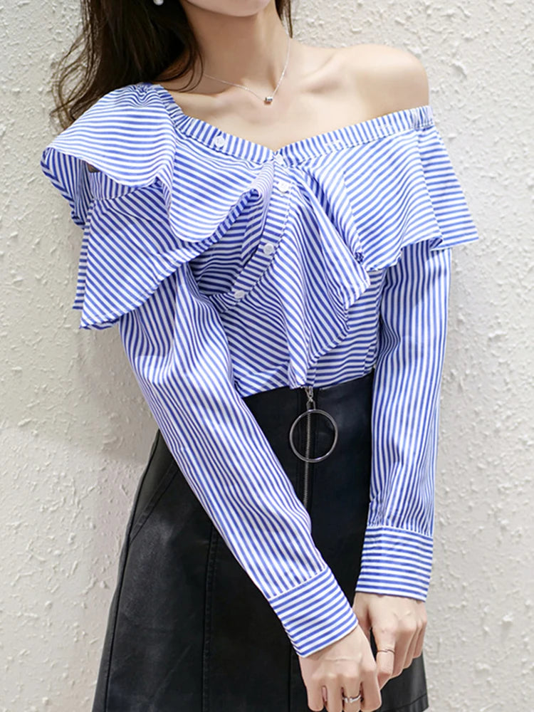 Striped Casual Shirt For Women V Neck Long Sleeve Patchwork Button Through Shirts Female Fashion Clothing