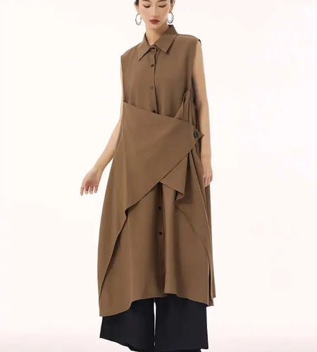 Women Khaki Irregular Spliced Big Size Midi Shirt Dress New Lapel Sleeveless Fashion Tide Spring Summer 2025 1DH9434