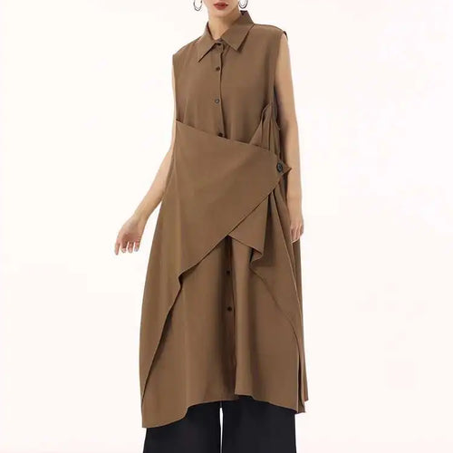 Load image into Gallery viewer, Women Khaki Irregular Spliced Big Size Midi Shirt Dress New Lapel Sleeveless Fashion Tide Spring Summer 2025 1DH9434
