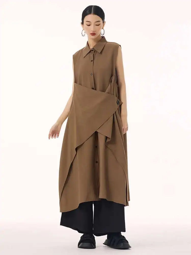 Women Khaki Irregular Spliced Big Size Midi Shirt Dress New Lapel Sleeveless Fashion Tide Spring Summer 2025 1DH9434