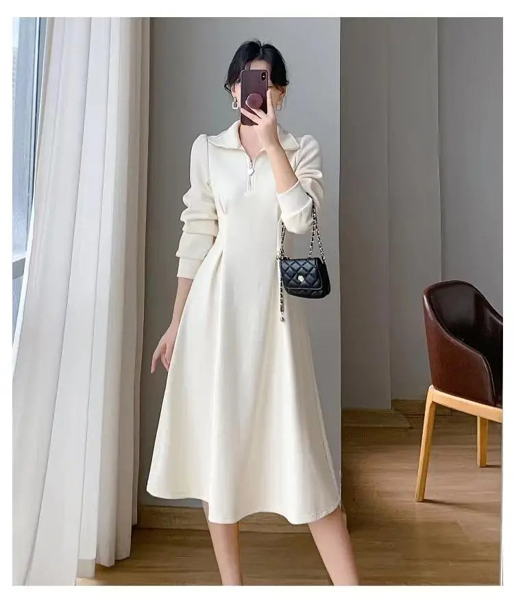 Autumn Winter French Ladies Black Elegant Long Dress White Velvet Thick Warm Long Sleeve Simple Evening Party Zipper Dress