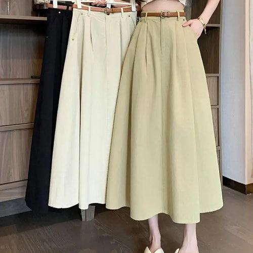Load image into Gallery viewer, French Fashion Women's Black Beige Elegant Pleated Long Skirt Spring Summer Khaki High Waist Pocket Skirts Popular Versatile New
