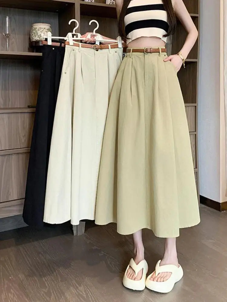 French Fashion Women's Black Beige Elegant Pleated Long Skirt Spring Summer Khaki High Waist Pocket Skirts Popular Versatile New