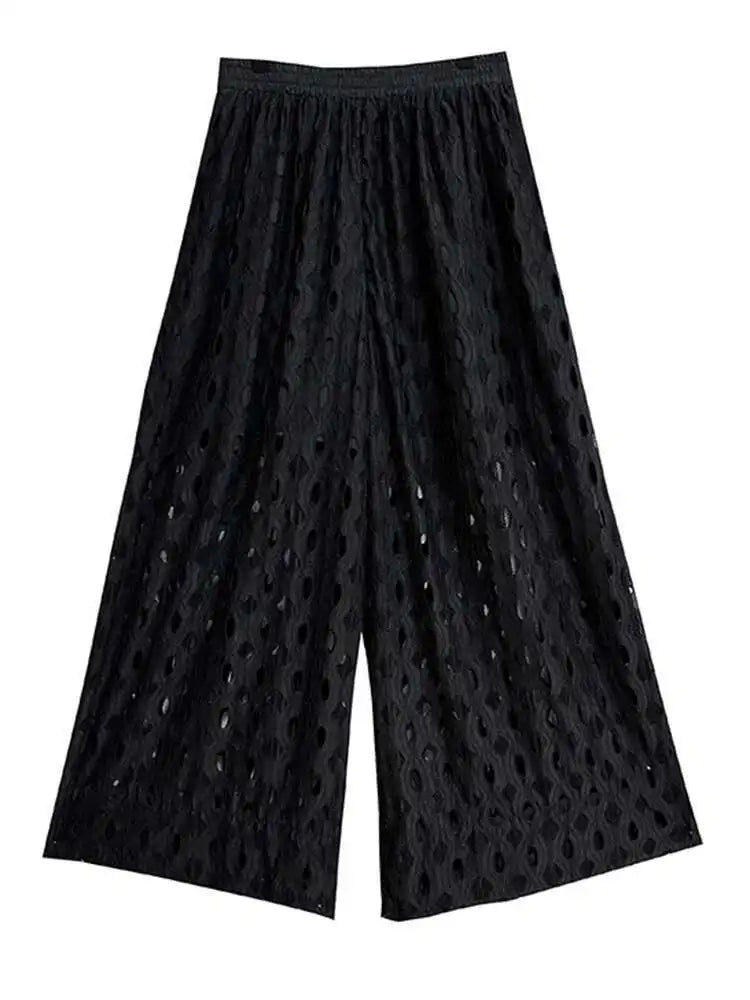 High Elastic Waist Black Lace Hollow Out Long Wide Leg Pants New Trousers Women Fashion Tide Spring Autumn 2025 1DH5969