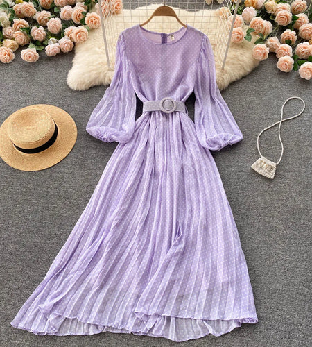 Vintage Pleated Dress for Women Polka Pot Puff Long Sleeve O Neck Elegant A Line Dresses 2023 High Waisted Casual Dress