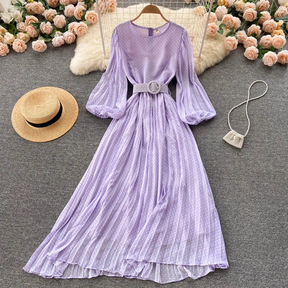 Vintage Pleated Dress for Women Polka Pot Puff Long Sleeve O Neck Elegant A Line Dresses 2023 High Waisted Casual Dress