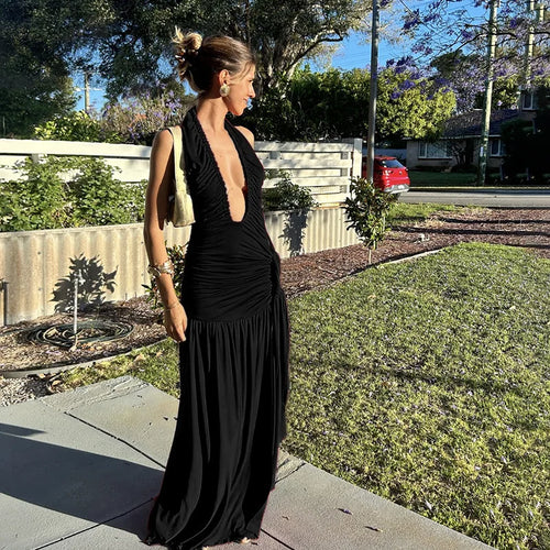 Load image into Gallery viewer, Halter Deep V Neck Sexy Maxi Dress For Women Gown Fashion Solid Sleeveless Backless Draped Ruched Bodycon Long Dress
