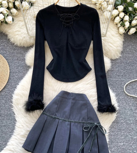 Spring Autumn Two Piece Set Women Black V-neck Lace-up Hairy Long Sleeved Pullover Tops And High Waist Slim Pleated Short Skirts