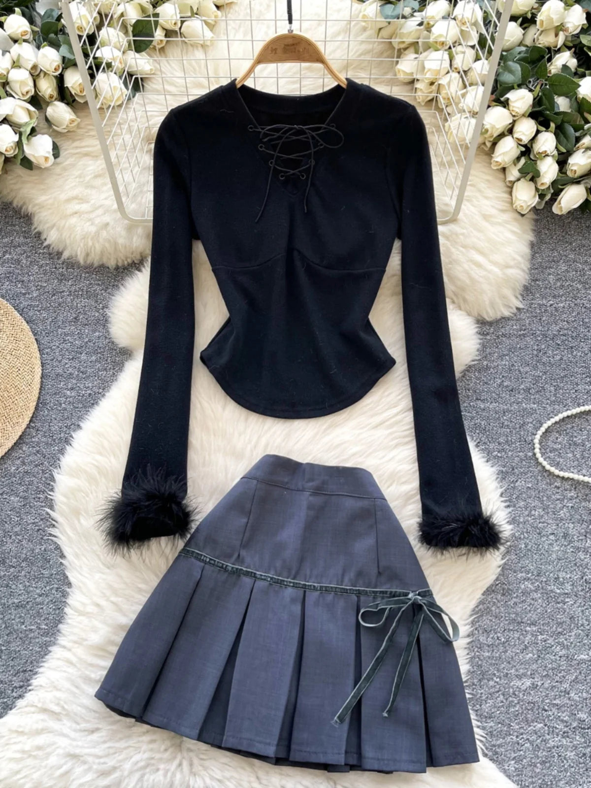 Spring Autumn Two Piece Set Women Black V-neck Lace-up Hairy Long Sleeved Pullover Tops And High Waist Slim Pleated Short Skirts
