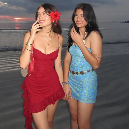 Load image into Gallery viewer, Spaghetti Strap Ruffled Sexy Mini Dress For Women Red Fashion Sleeveless Backless High Waist A-line Club Party Dress
