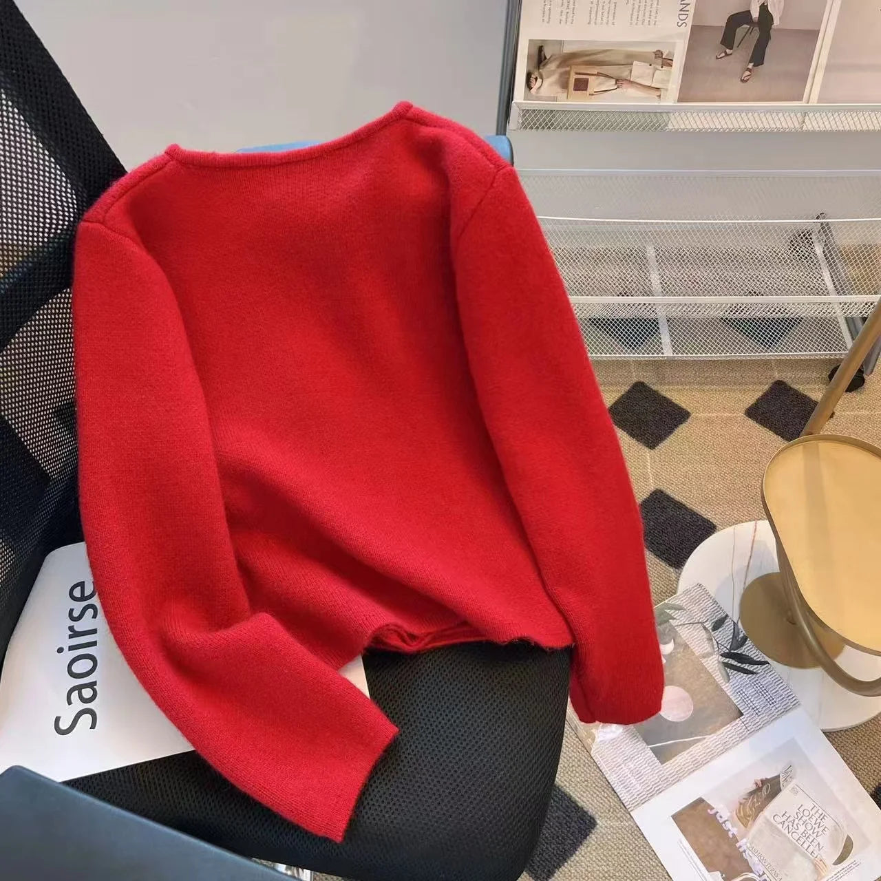 Autumn Winter Red White Long Sleeves Knitted Sweater French Women's Elegant Brown Double Breasted Versatile Pullover Tops Street