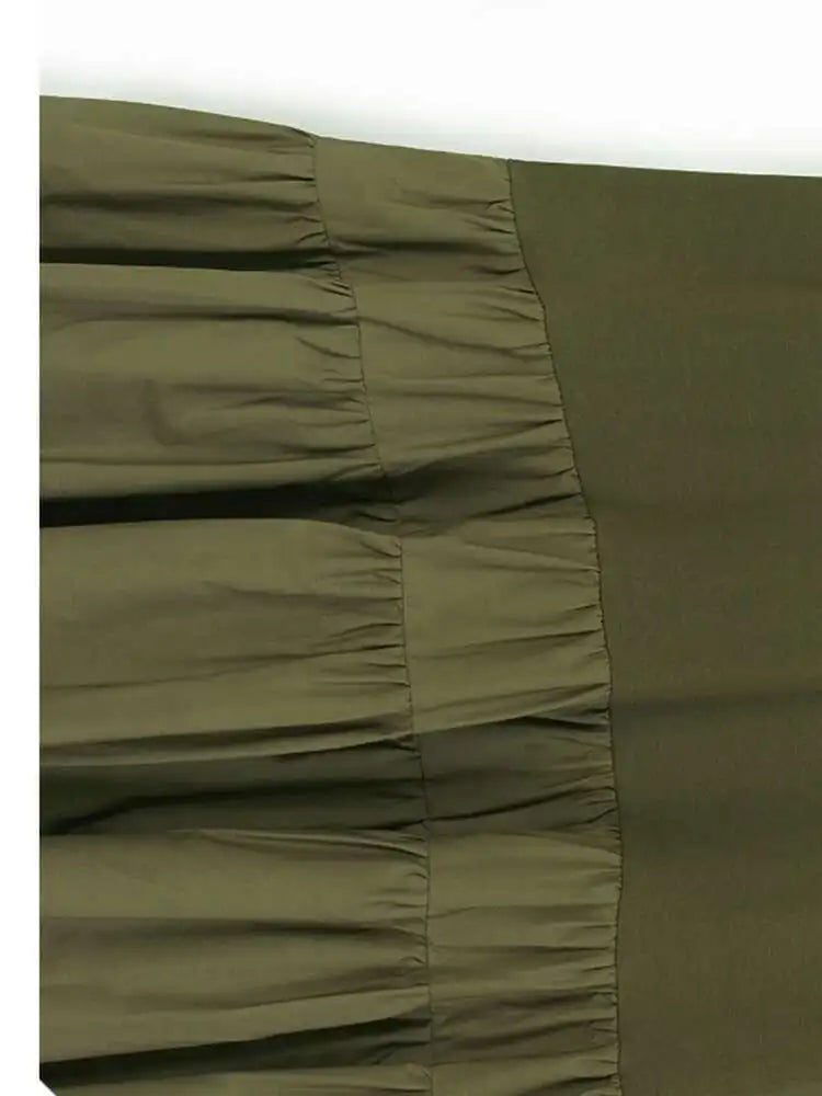 Women Army Green Pleated Hem Big Size Midi Dress New Round Neck Short Sleeve Fashion Tide Spring Summer 2025 1DJ0781